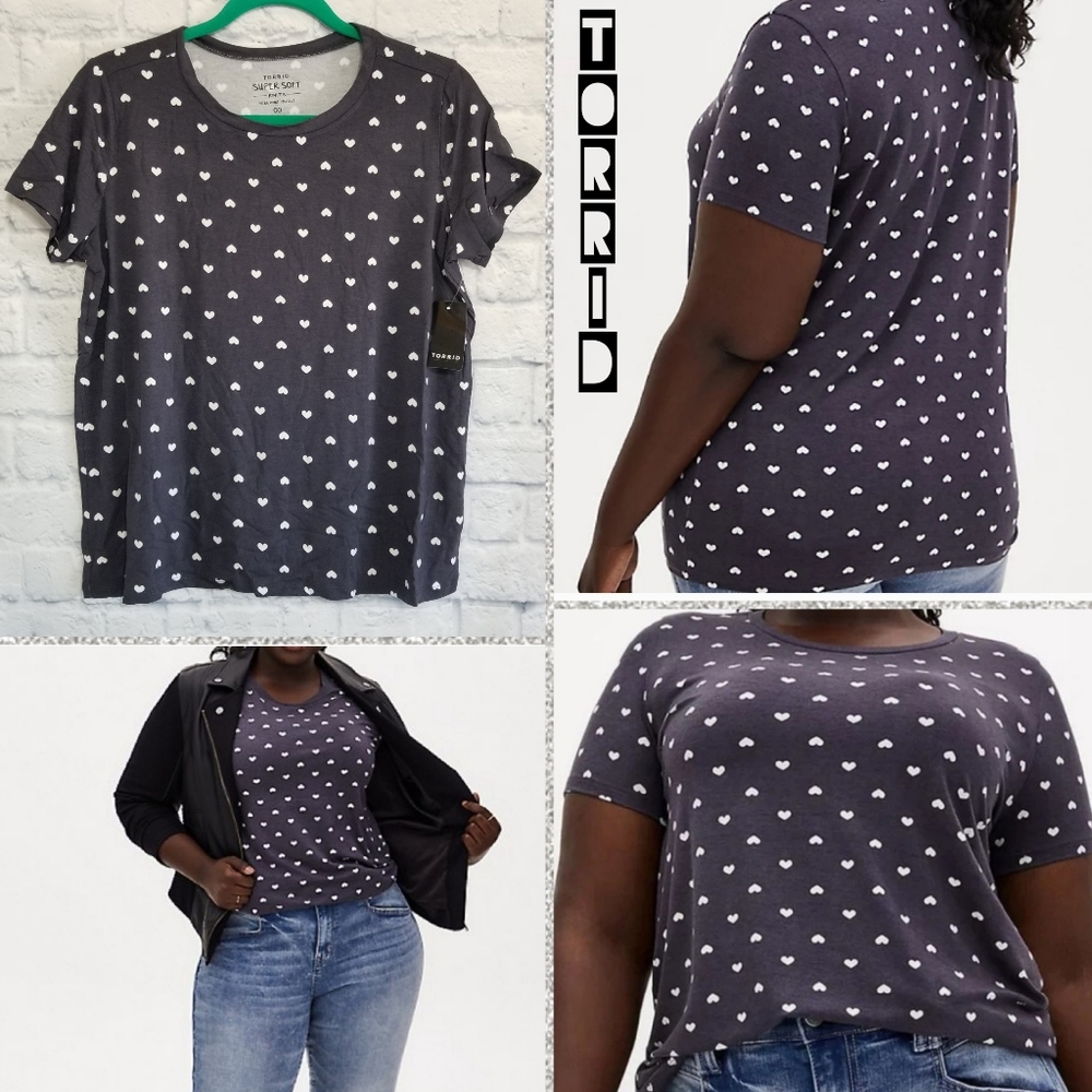 Torrid Super Soft Knits Hearts Short Sleeve Top New 00 Medium Shirt Slate Grey